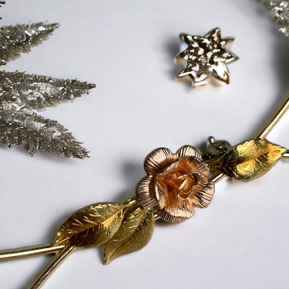 Krementz Jewelry - Krementz Signed 24K Pink & Yellow Gold Filled Rose Leaves Overly Brooch Pin
